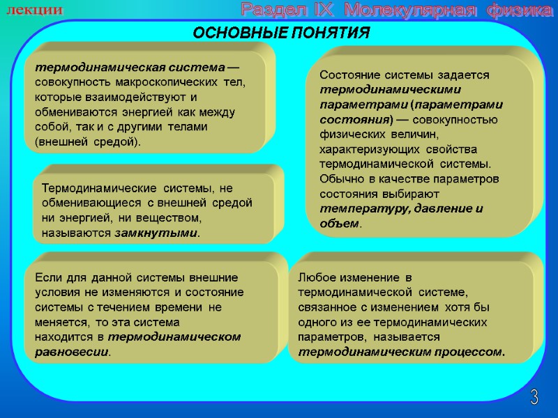 3 лекции Раздел IX  Молекулярная физика ОСНОВНЫЕ ПОНЯТИЯ  термодинамическая система — совокупность